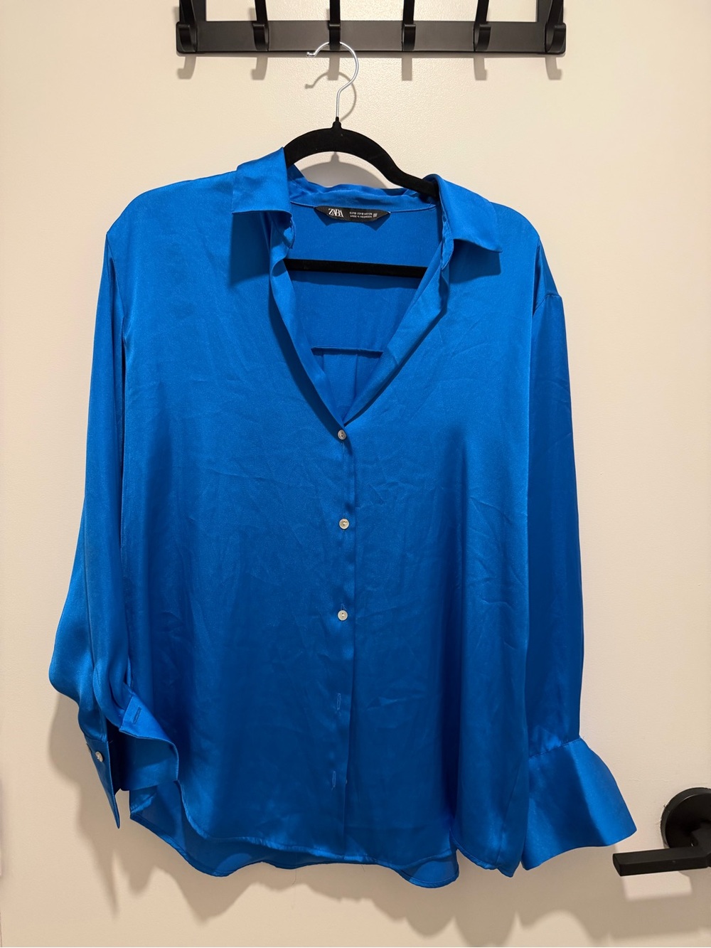 Zara Blue Satin Button-Up Blouse